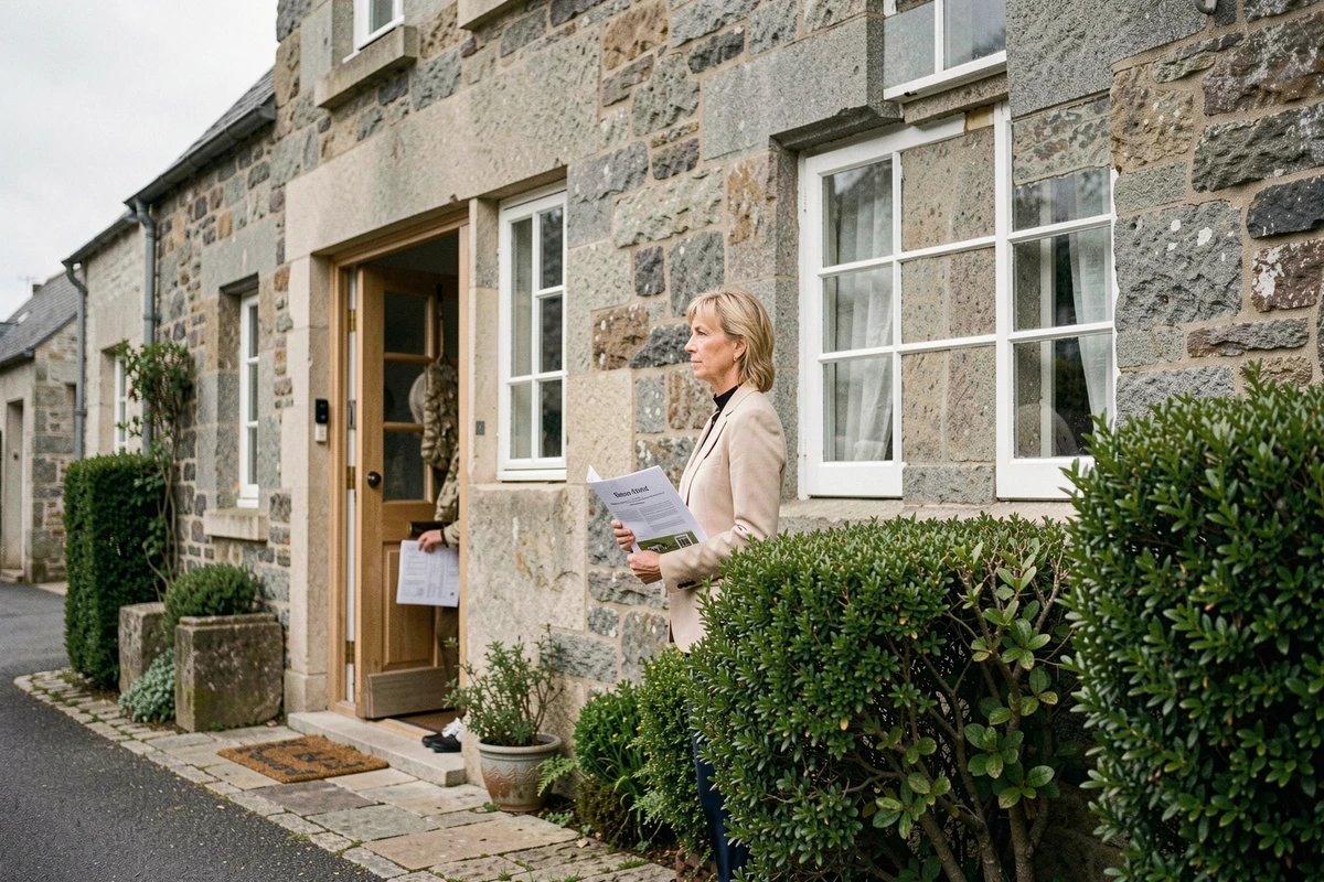 Femme tenant un dossier immobilier devant une maison en pierre bretonne à vendre dans le Morbihan