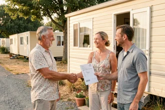 Couple vendant leur mobil-home sur un camping en fin de saison en serrant la main d'un acheteur devant le chalet