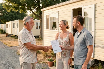 Couple vendant leur mobil-home sur un camping en fin de saison en serrant la main d'un acheteur devant le chalet