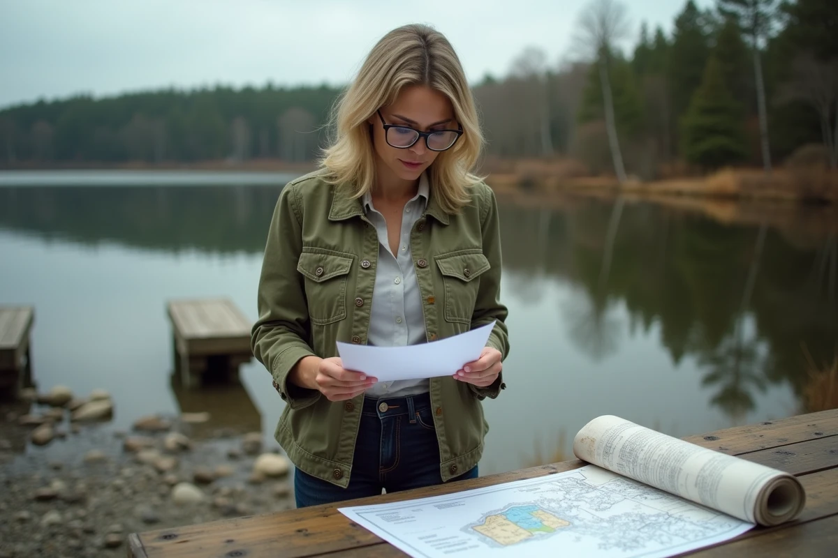 Femme consultant des documents cadastraux et administratifs avant l'achat d'un étang de pêche