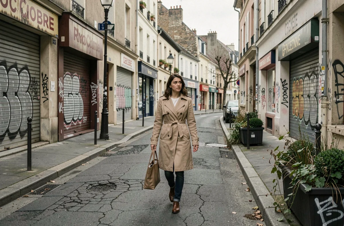 Jeune femme explorant une rue commerçante désertée dans un quartier périphérique français avant un achat immobilier