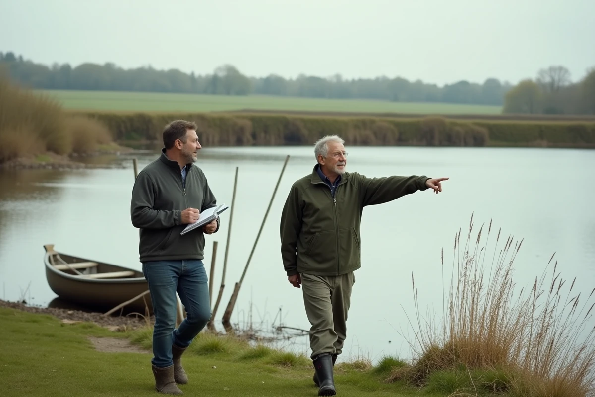 Deux hommes visitant les berges d'un étang privé pour évaluer son potentiel de pêche avant signature